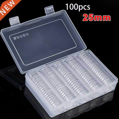 100Pcs/Box Coin Box Clear 25mm Round Boxed Holder Plastic St