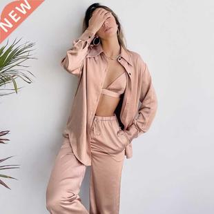 Restve Satin Pajamas For Women  Piece Set Turn Down Collar