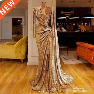 2021 Sparkly Sequined Gold Evening Dresses With Deep V Neck