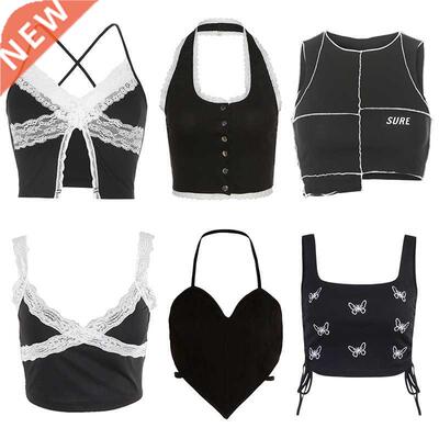 Black Crop Top Patchwork Lace Spaghetti Strap Corset Top S