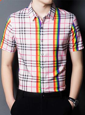2022 Summer Rainbow Striped Plaid Shirt Fashion Free Iron