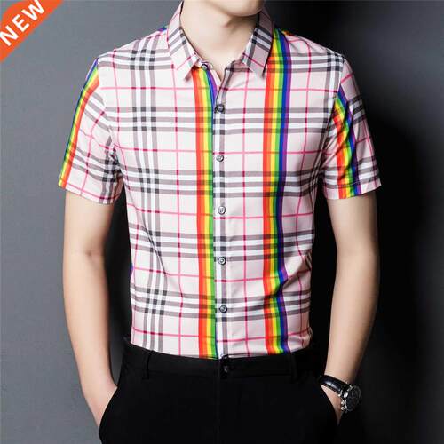 2022 Summer Rainbow Striped Plaid Shirt Fashion Free Iron