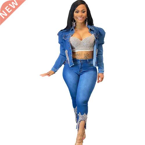 Casual Jeans Suit Women Denim Two Pieces Set Blue Long Sleev