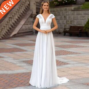 2021 V-neck Cap Sleeve Beach Wedding Dress Boho Gowns Elega