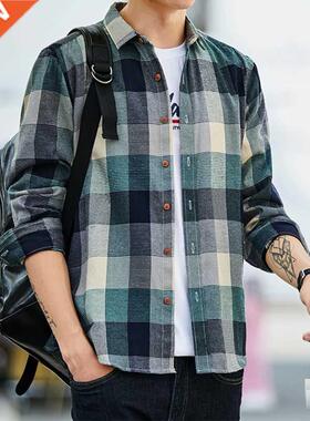 Plaid shirt Men long Sleeve Shirt Casual Social Slim Shirt m
