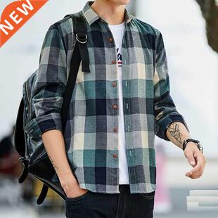 Plaid shirt Men long Sleeve Shirt Casual Social Slim Shirt m