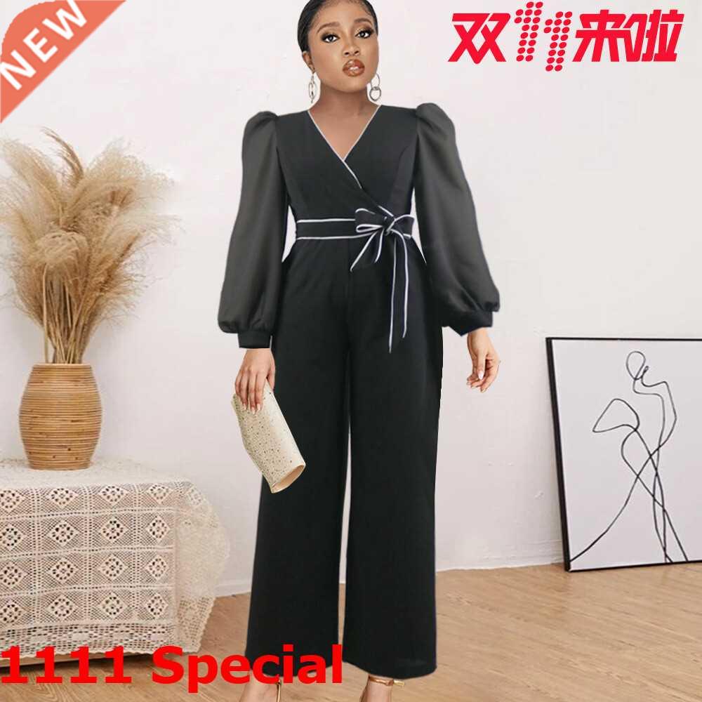Large size jumpsuitsV领拼接网纱裤含腰带大码女装非洲连体裤图片