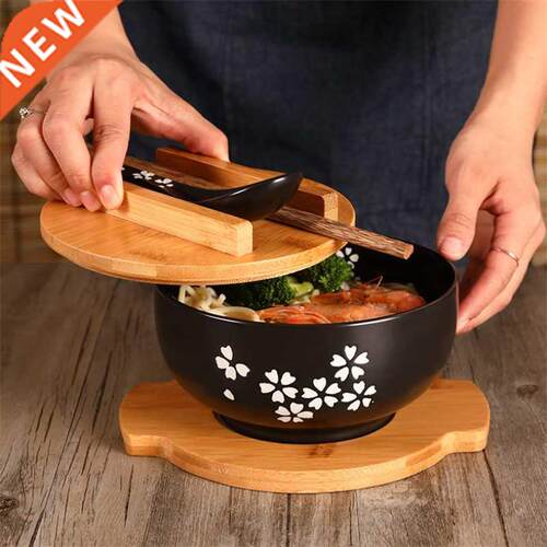 Japanese Style Rice Noodle Bowl with Lid Spoon and Chopstick