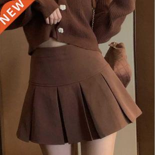 HOUZHOU Vintage Brown Pleated Skirt Women Spring 2022 Korean