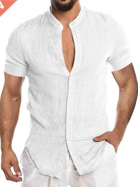 High quality summer cotton and linen short-sleeved shirt men