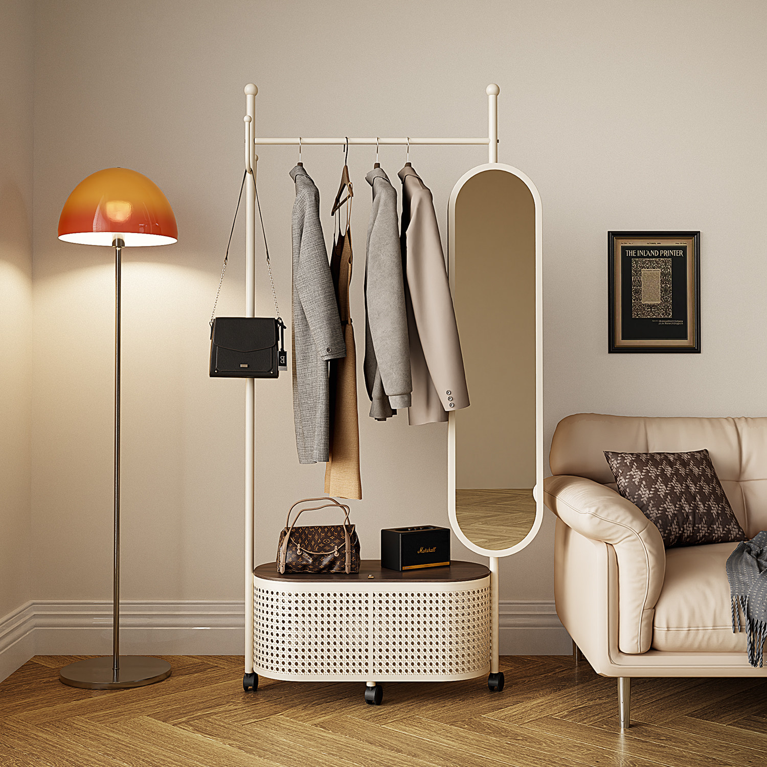 日本可移动挂衣架带镜一体衣帽架