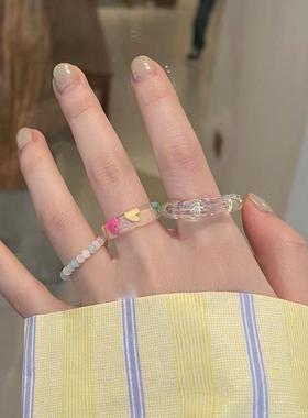 rings women 3pcs set爱心串珠树脂戒指套装时尚气质女士关节戒指