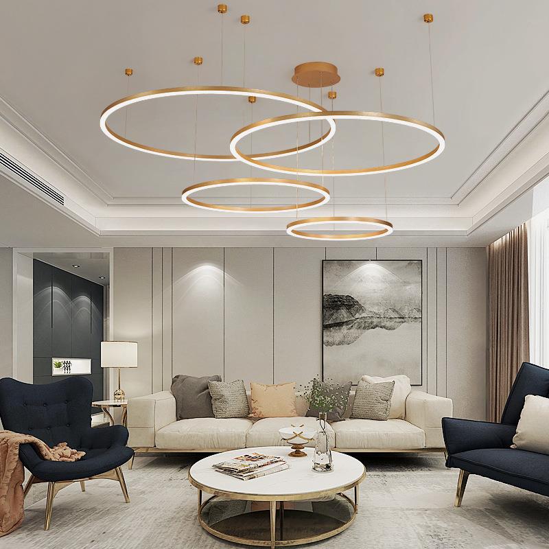 客厅吊灯简约现代复式楼样板房挑高大灯轻奢圆环圈圈吊线餐厅灯具