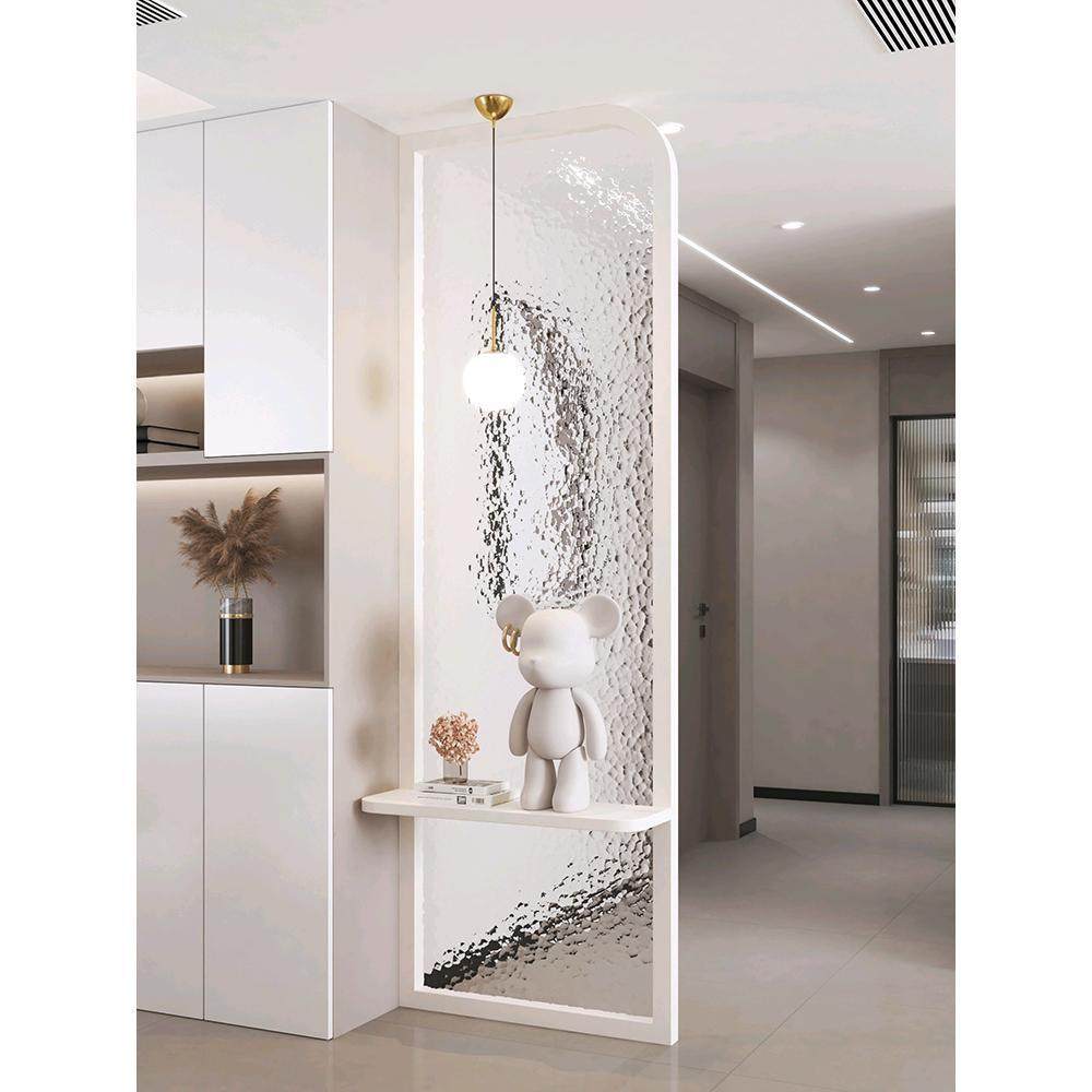 法式奶油风客厅入户屏风玄关洗手台浴室柜弧形轻奢水波纹玻璃隔断