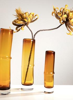 轻奢现代琥珀色竹节玻璃花瓶 家居样板间桌面软装设计师装饰摆件
