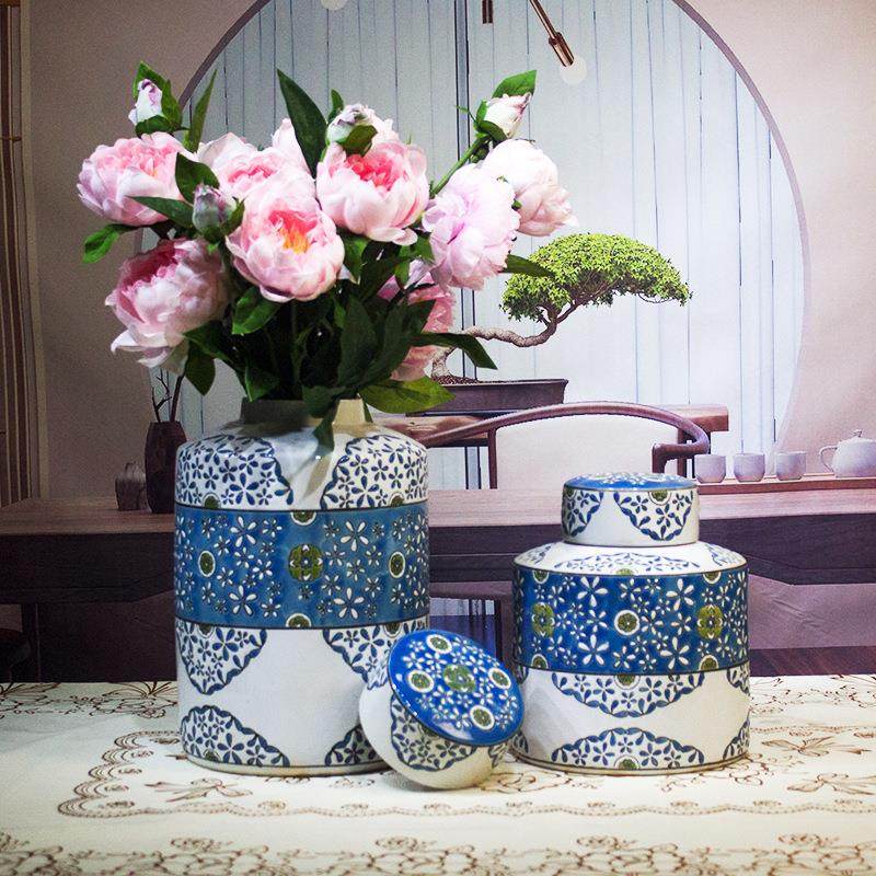 陶瓷摆件创意家居装饰电视柜工艺品带盖密封罐子圆形陶瓷储物罐