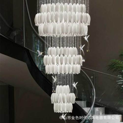 复式楼轻奢大吊灯楼梯挑空别墅中空定制工程吊灯陶瓷郁金香小鸟灯