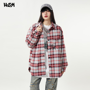 WWZM 夏季新款简约日系国潮休闲宽松复古短袖衬衫百搭格子衬衫