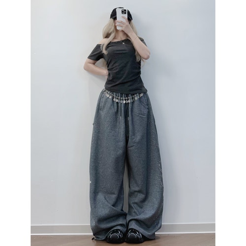 XXBUNI辣妹爵士舞套装女深灰色闪片运动裤女嘻哈hiphop运动休闲裤