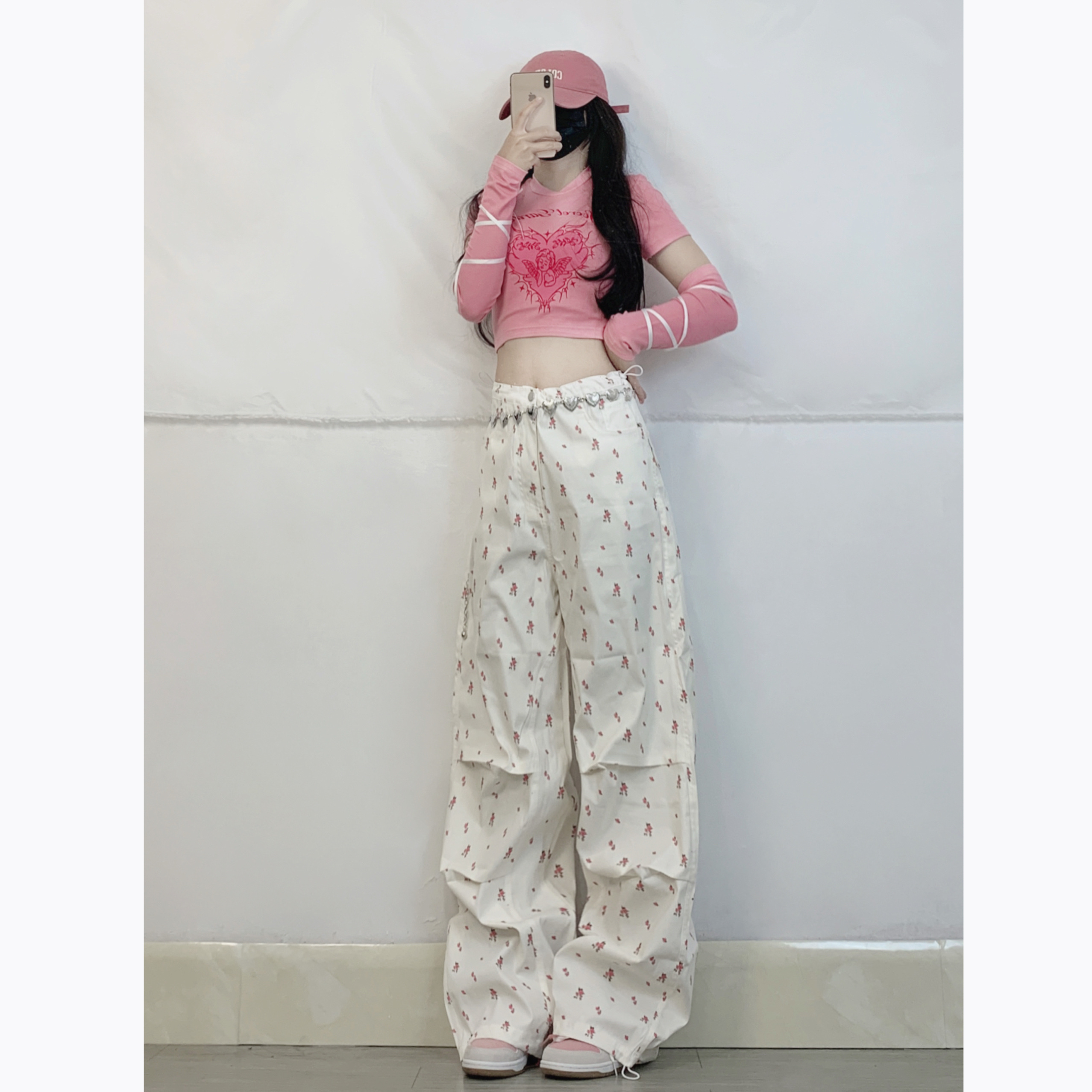 XXBUNI 甜酷kpop女团风上衣女天使印花带袖套修身jazz跳舞短上衣