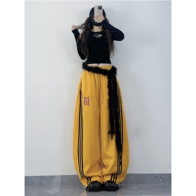 XXBUNI秋冬辣妹爵士舞裤女设计感条纹宽松阔腿高腰印花jazz运动裤