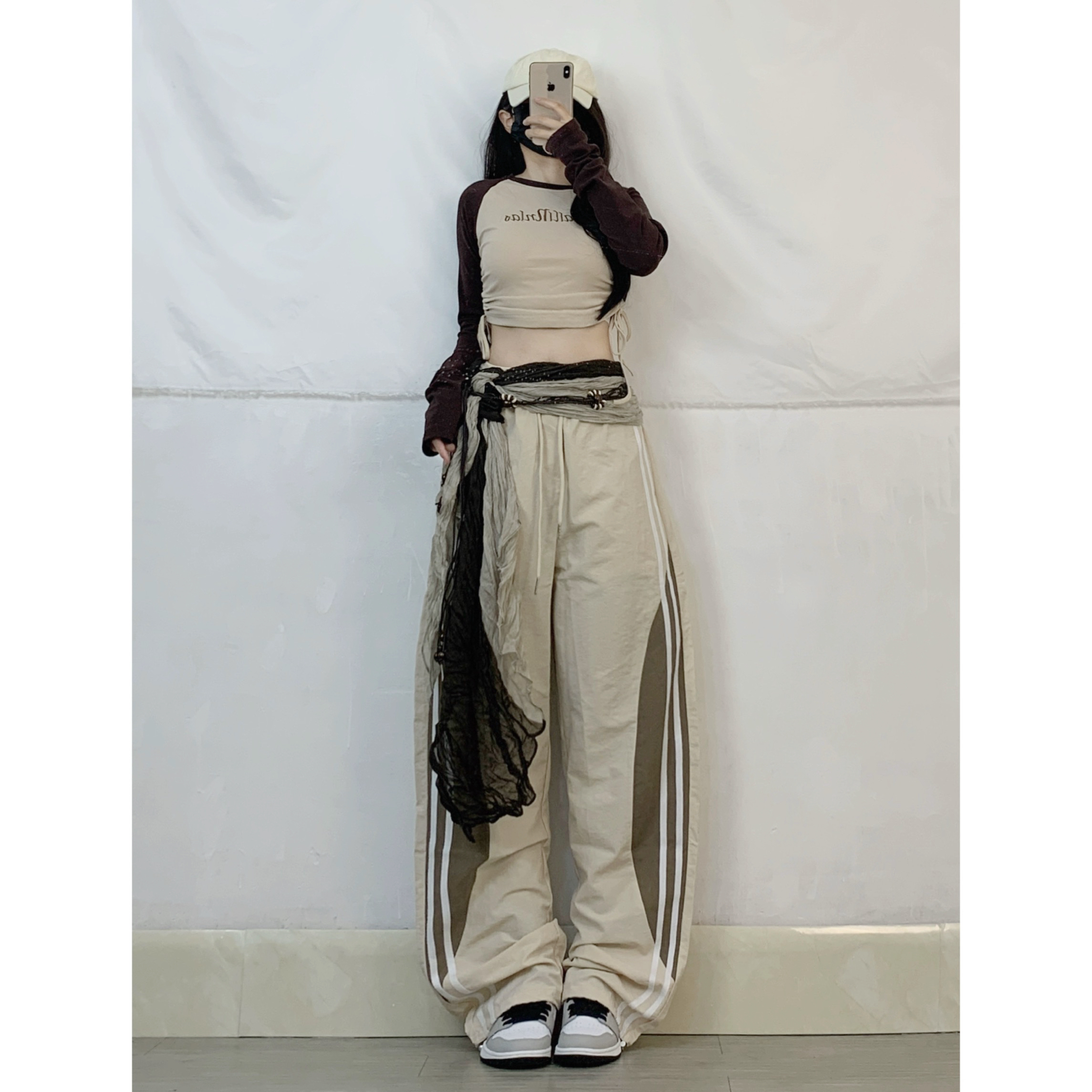 XXBUNI 小个子爵士舞套装女抽绳插肩袖上衣+侧边条纹阔腿速干长裤