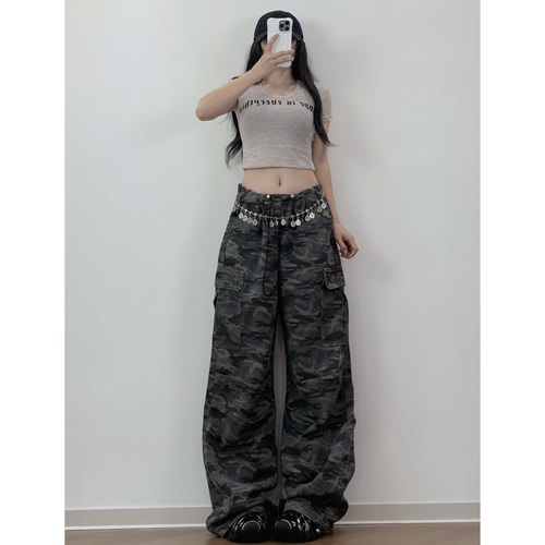 XXBUNI美式复古迷彩工装裤女夏季新款宽松直筒阔腿裤跳舞jazz裤子