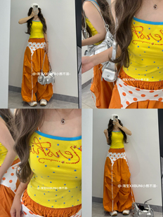 XXBUNI夏日跳舞套裝 寬松垂感百搭休閑闊腿長(zhǎng)褲 女橙色甜美吊帶罩衫