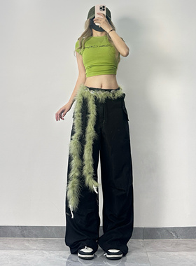 XXBUNI 夏季爵士跳舞套装女绿色字母上衣+宽松阔腿裤jazz速干长裤