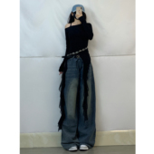 显瘦露肩上衣爵士舞套装 XXBUNI辣妹斜肩飘带长袖 T恤女黑色修身 女