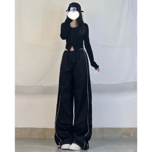 jazz跳舞短上衣 T恤女黑色设计感打底衫 XXBUNI 纯欲性感褶皱长袖