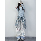 ＋卷边格子设计感牛仔阔腿裤 XXBUNI爵士跳舞套装 女慵懒风垂感罩衫