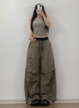 XXBUNI军绿色跳舞套装女字母印花吊带上衣＋小个子撞色jazz工装裤