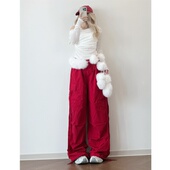 裤 XXBUNI圣诞新年跳舞穿搭白色蕾丝拼接长袖 毛毛腰带红色抽绳工装