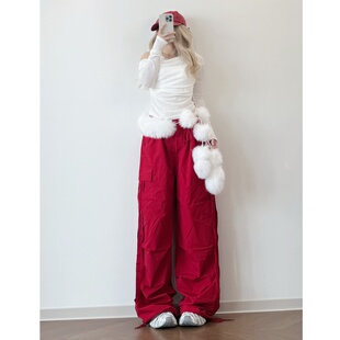 XXBUNI圣诞新年跳舞穿搭白色蕾丝拼接长袖毛毛腰带红色抽绳工装裤