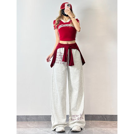 XXBUNI辣妹跳舞双腰头字母印花宽松阔腿爵士hiphop嘻哈跳舞长裤女