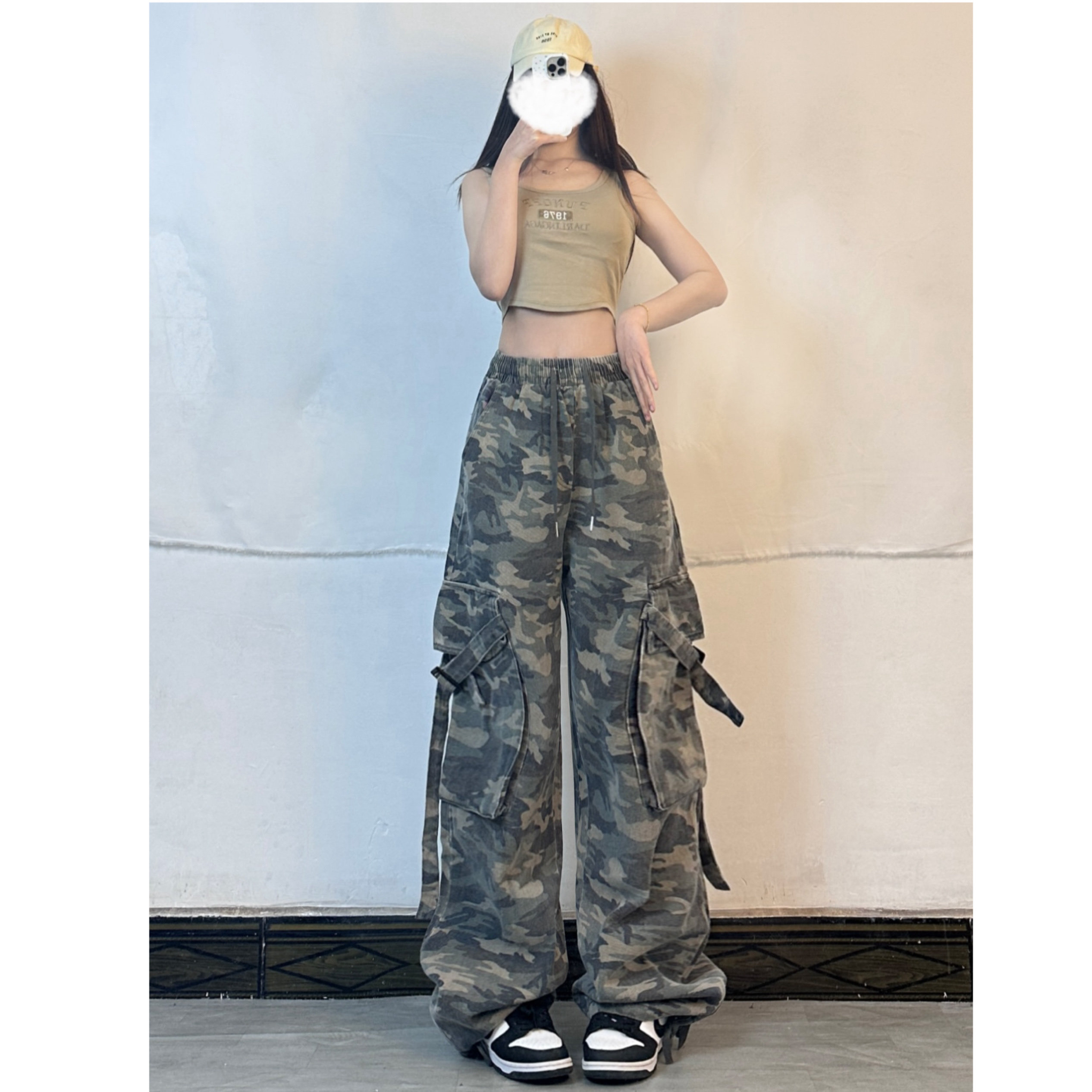 XXBUNI自制美式辣妹跳舞高腰复古迷彩裤宽松百搭街舞hiphop工装裤