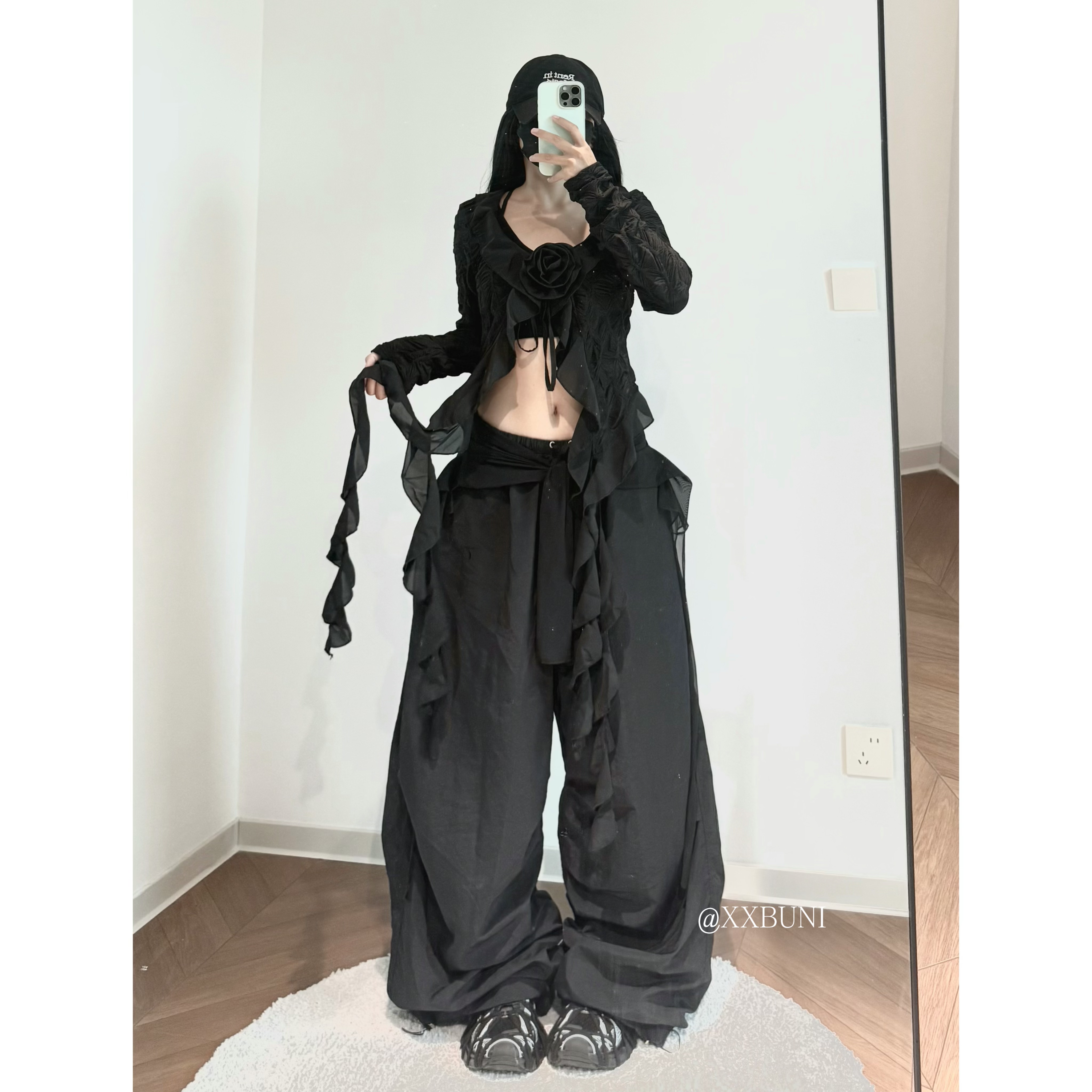 XXBUNI黑色爵士舞服装女辣妹风蕾丝边长袖上衣黑色宽松高腰阔腿裤