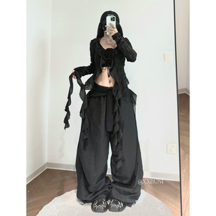 XXBUNI黑色爵士舞服装女辣妹风蕾丝边长袖上衣黑色宽松高腰阔腿裤