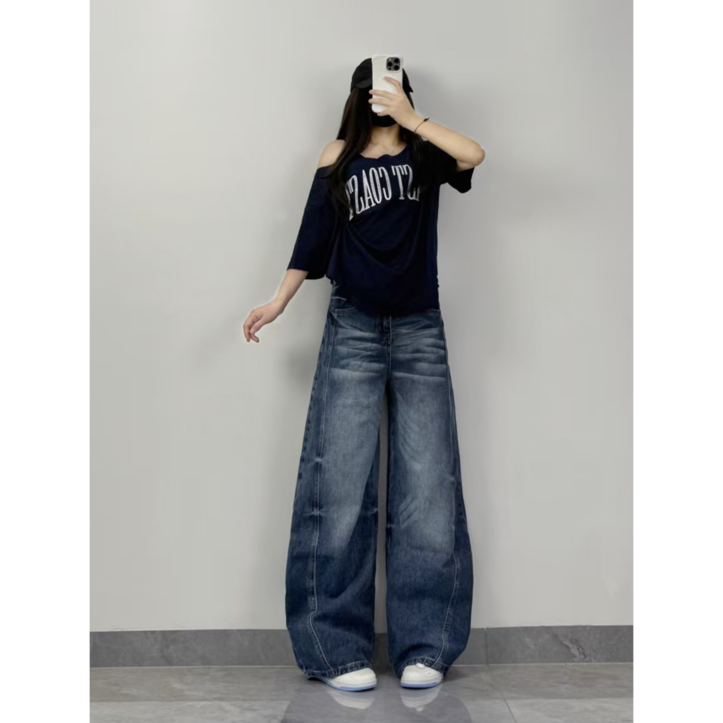 XXBUNI 嘻哈爵士跳舞藏青色斜肩上衣+复古深蓝色扎染牛仔工装裤子