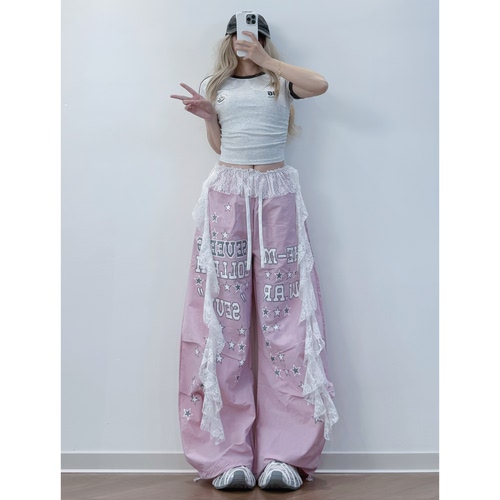 XXBUNI甜美爵士舞服装女粉色蕾丝花边屁帘运动裤hiphop运动休闲裤