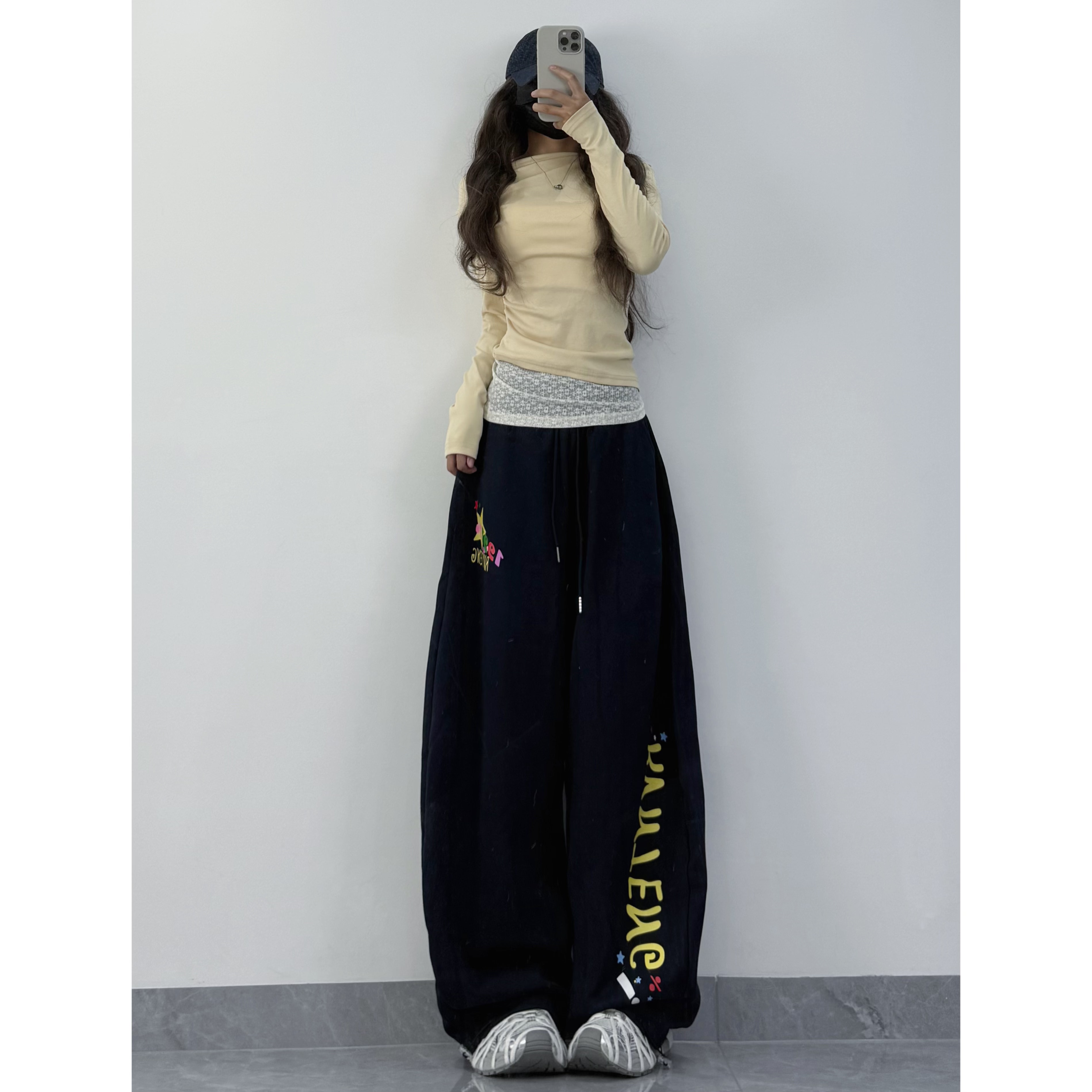 XXBUNI美式复古辣妹爵士舞裤女设计感小众宽松阔腿高腰印花运动裤