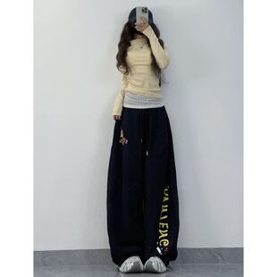 XXBUNI美式复古辣妹爵士舞裤女设计感小众宽松阔腿高腰印花运动裤