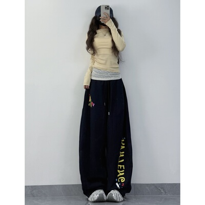 XXBUNI美式复古辣妹爵士舞裤女设计感小众宽松阔腿高腰印花运动裤