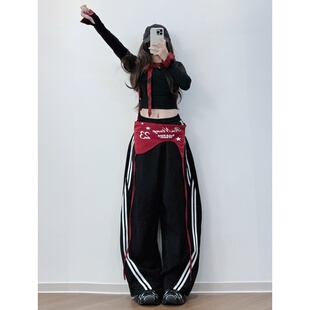 XXBUNI秋冬跳舞穿搭女黑色条纹拼接休闲裤女宽松阔腿裤爵士舞裤子