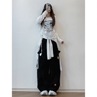 XXBUNI 秋冬跳舞穿搭女花朵针织工装裤印花长袖T恤宽松慵懒风罩衫