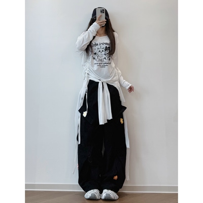 XXBUNI 秋冬跳舞穿搭女花朵针织工装裤印花长袖T恤宽松慵懒风罩衫