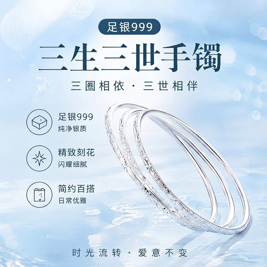 三生三世满天星闭口足银手镯女纯银999实心款三圈手饰送女友礼物