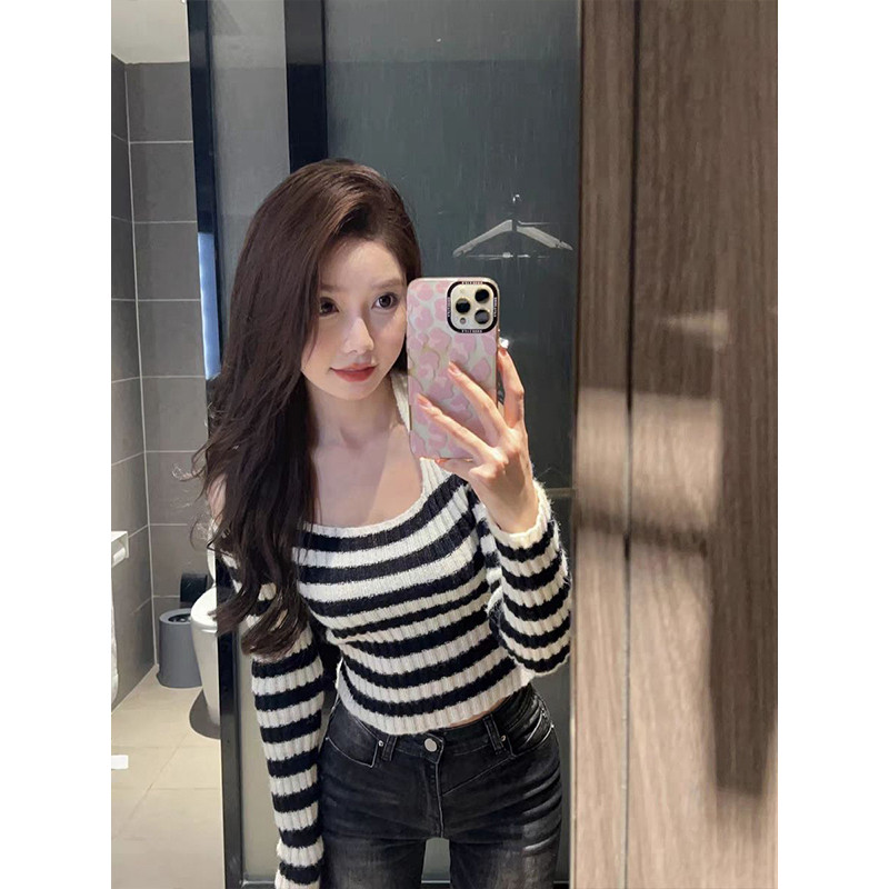 时尚气质性感露肩挂脖条纹针织衫