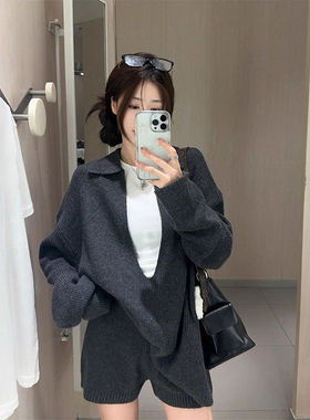 休闲套装灰色毛衣针织外套女2025秋季高腰针织短裤两件套上衣ins